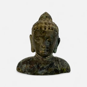 Antique Cast Metal Bronze Thai Buddha Head Bust Figurine