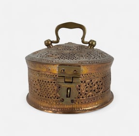 Antique Indian Copper Paan Daan Reticulated Round Box