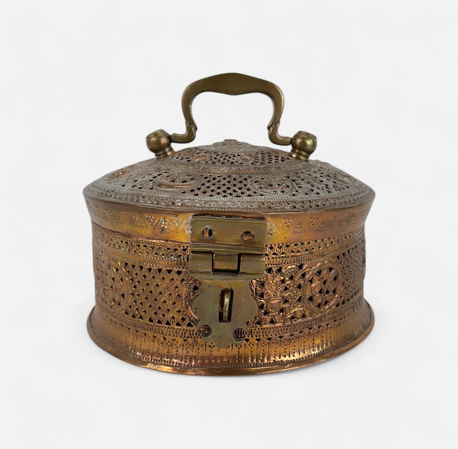Antique Indian Copper Paan Daan Reticulated Round Box (1 of 7)