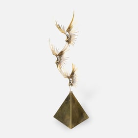 Curtis Jere 1976 Free Standing MCM Brass Sculpture on Copper Base Birds in Flight