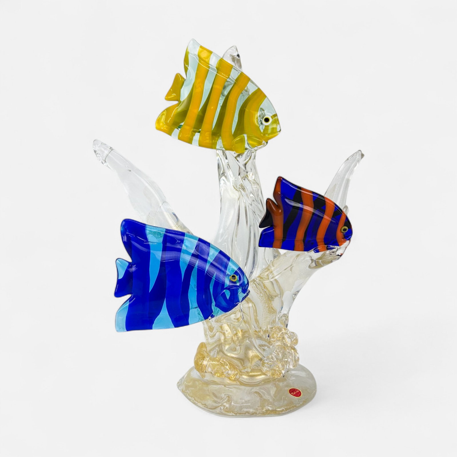Vintage Italian Murano Art Glass Fish Sculpture: Ca. last half 20thC. Base with etched "Glass Studio Murano", see Murano sticker to sculpture. Very good, with no chips, cracks, or repairs. Minor surface scratches. IMPORTANT: Pickups and shipping for