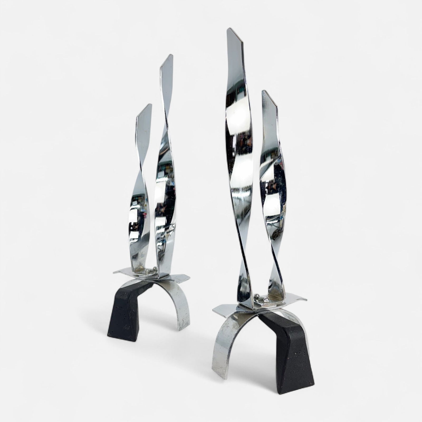 Pair Donald Deskey Style Modernist Chromium Nickel & Iron Machine Age Andirons (1 of 5)