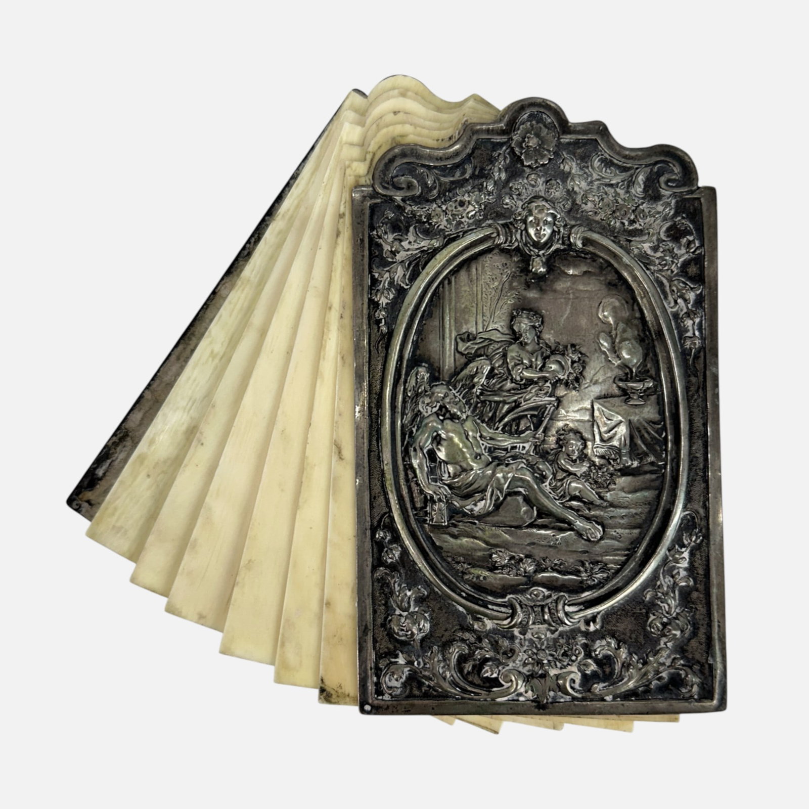 Antique Embossed Sterling Silver & Bone Notebook: Ca. third quarter 19thC. Very good age-appropriate condition as shown, needs polish. Six bone sheets. IMPORTANT: Pickups and shipping for this auction will not begin until after Labor Day. Pickup appo