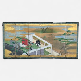 Antique Japanese Six-Panel Screen Courtyard Scene From The Tale of Genji Painting