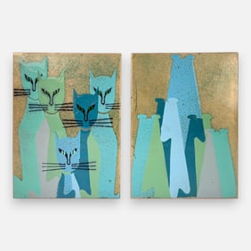 Two Judith Daner MCM Copper Enamel Cat Plaques