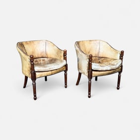 Pair Vintage Leather Barrel Back Armchairs w/Brass Studs & Exposed Wood Arms