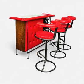 Arthur Umanoff Wrought Iron Red Nagahide MCM Bar w/Three Stools