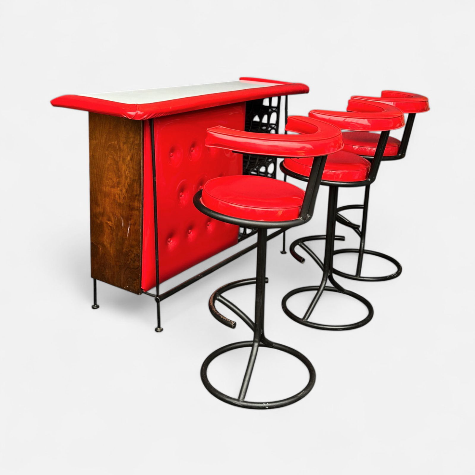 Arthur Umanoff Wrought Iron Red Nagahide MCM Bar w/Three Stools (1 of 8)