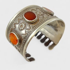 Old Tekke Turkmen Silver Carnelian Glass Four-Stone Cuff Bracelet