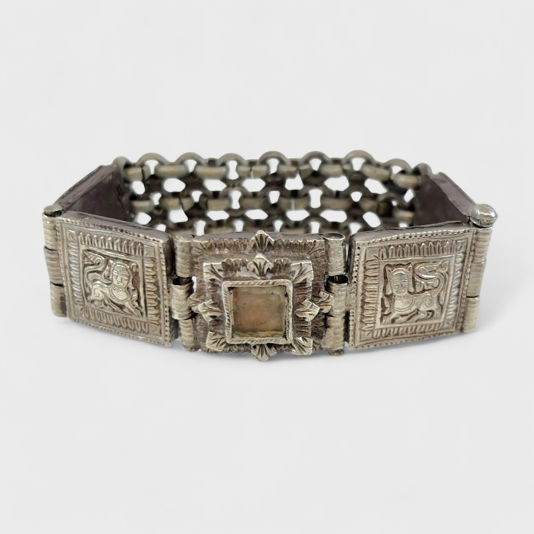 Old South India Silver Link Bracelet: Ca. early to mid 20thC. Weighs 87.2 grams. Measures approx. 1 inch wide. Each link measures 1 1/8 inches x 7/8 inches. IMPORTANT: Pickups and shipping for this auction will not begin until after Labor