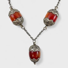 Old Afgan Silver and Bakelite Three-Bead Necklace