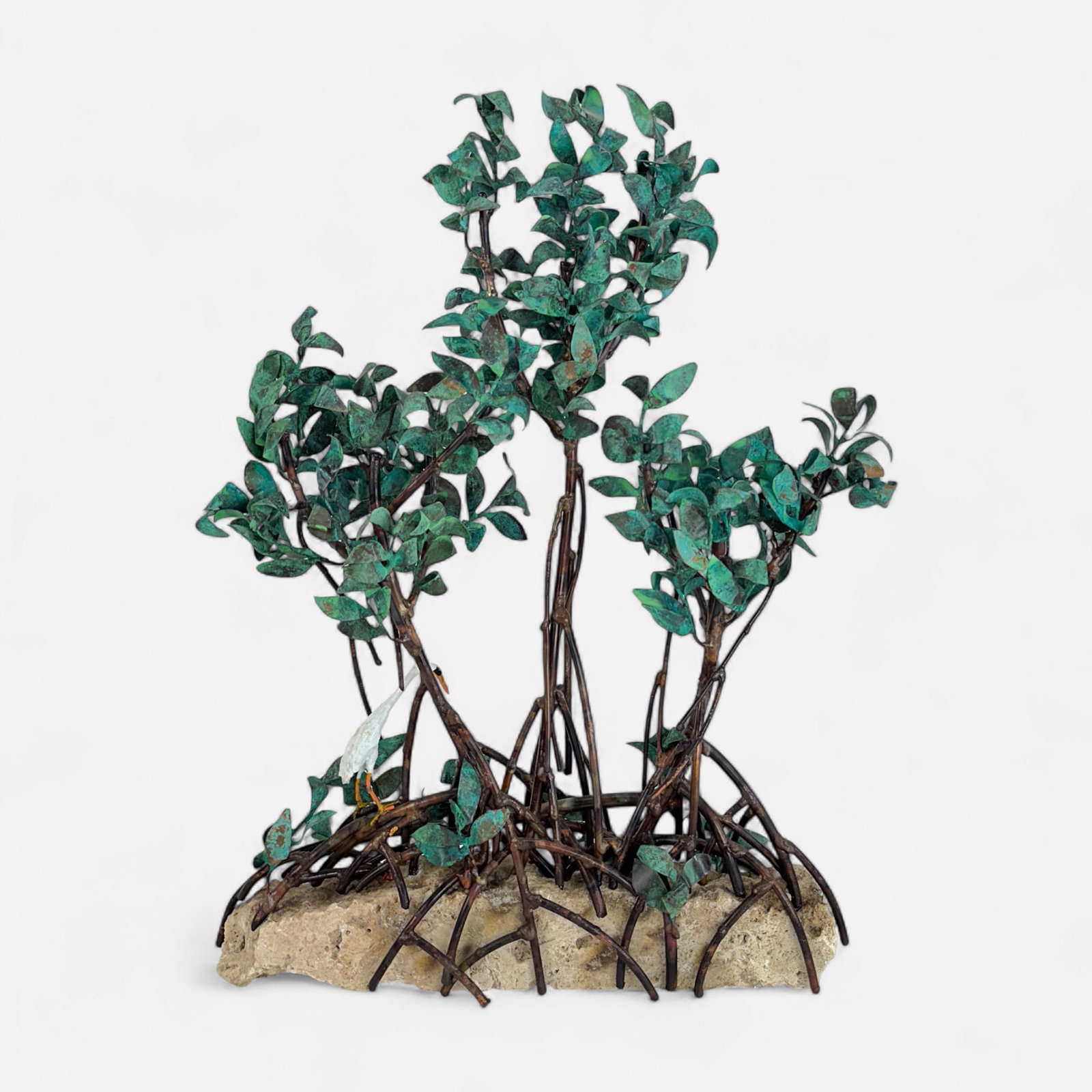 Jim Lewk Florida Mangroves Copper Verdigris & Coral Mixed Media Sculpture: Signed and dated 2014 in black pen to reverse as shown. Very good condition as shown. IMPORTANT: Pickups and shipping for this auction will not begin until after Labor Day. Pickup appointments will be