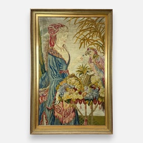 Antique Needlepoint Tapestry of Woman Feeding Parrot Framed