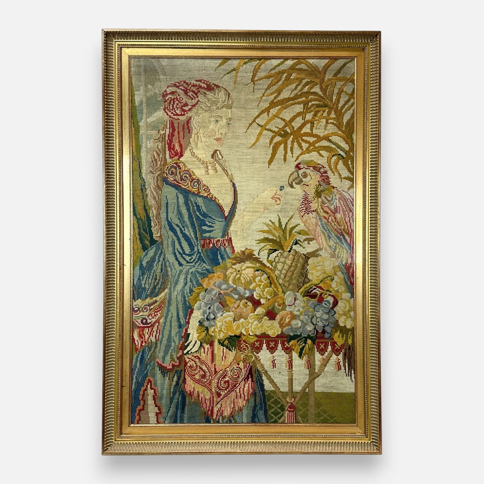 Antique Needlepoint Tapestry of Woman Feeding Parrot Framed (1 of 5)
