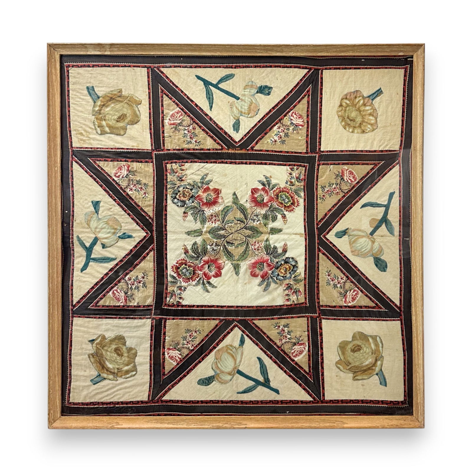 Antique Glazed Chintz Applique Pieced Patchwork Quilt Framed Textile (1 of 6)