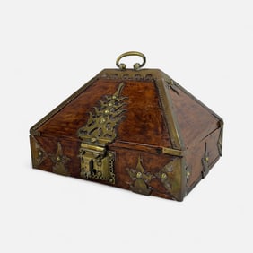 Antique Indian Brass Mahogany Kerala Wood Dowry Jewelry Box