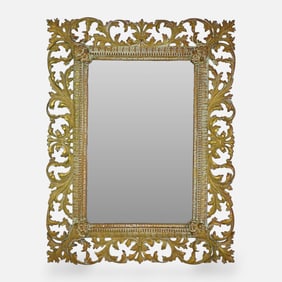 Antique Rococo Style Cast Brass Metal Beveled Glass Wall Mirror Picture Frame