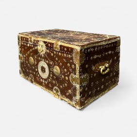 Antique 19thC Anglo-Indian Brass Studded Hardwood Zanzibar Style Trunk