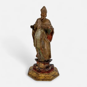 Antique Carved & Painted Continental Wood Saint Bishop Figure on Stand