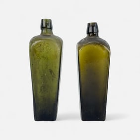 Two Antique 18th/19thC Blown Green Glass Gin Shipwreck Bottles