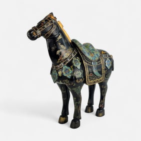 Antique Chinese Cloisonne on Painted Wood Horse Sculpture
