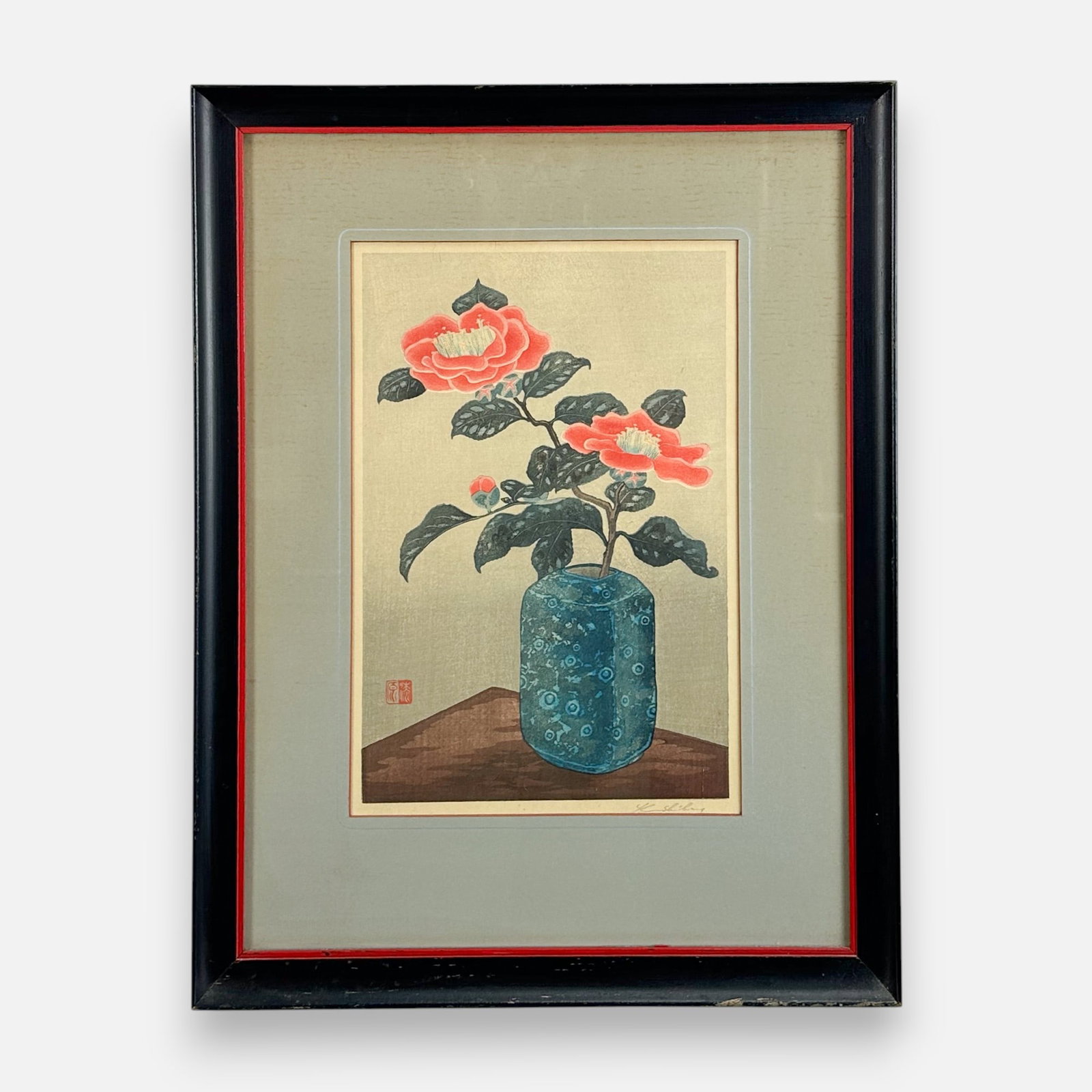 Yoshijiro 'Urushibara' Mokuchu "Camellias" Japanese Woodblock Print Framed: Pencil signed lower right. See artists seal lower left. Good age-appropriate sight condition, with shown overall tone. Framed, matted, and sealed. Unexamined out of frame. Approx. sight size 12" x 8 1
