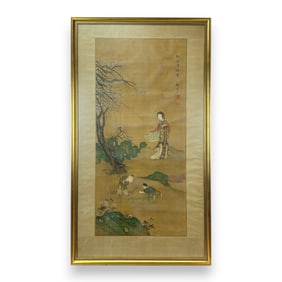 Antique Chinese Ink and Color on Silk Scroll Painting Framed