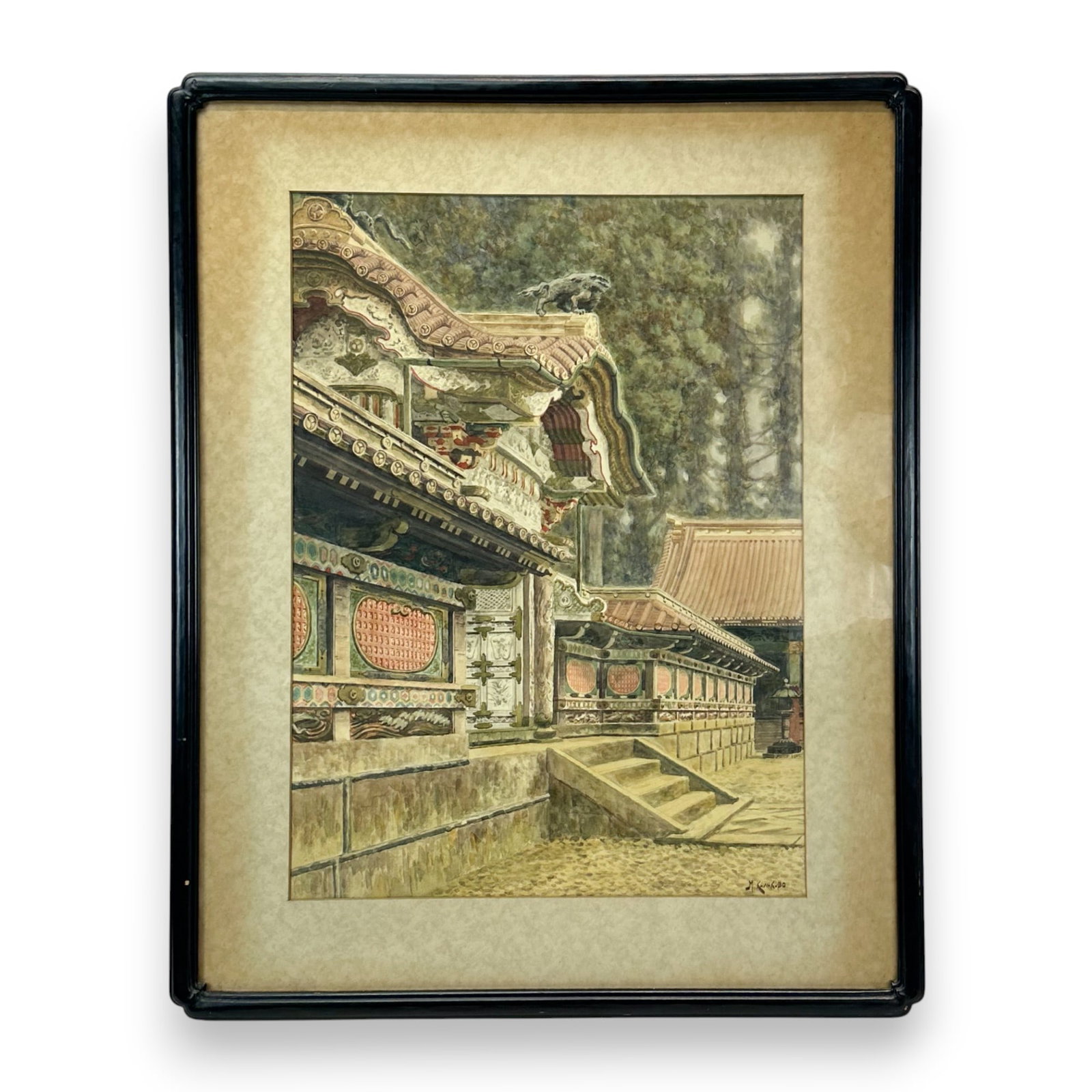 Masano Kawakubo "Nikko Shrine" Japanese Watercolor on Paper Painting Framed: Signed "M. Kawakubo" lower right. Very good sight condition as shown. Unexamined out of frame. Approx. sight size 26" x 18 1/2". IMPORTANT: Pickups and shipping for this auction will not begin until a