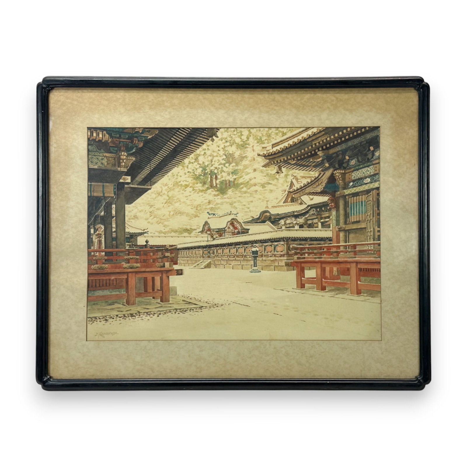 Masano Kawakubo "Nikko Shrine, Yomei Gate" Japanese Watercolor on Paper Painting Framed: Signed "M. Kawakubo" lower left. Very good sight condition as shown. Unexamined out of frame. Approx. sight size 18 1/2" x 25 1/2". IMPORTANT: Pickups and shipping for this auction will not begin unti