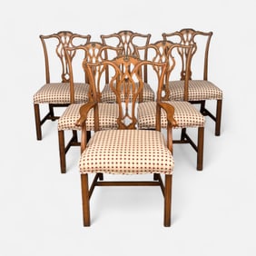 Six Antique 19thC Centennial Chippendale Blonde Mahogany Upholstered Dining Chairs