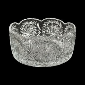 Antique American Brilliant Cut Glass Serving Bowl w/Poinwheel Hobstar Cuts