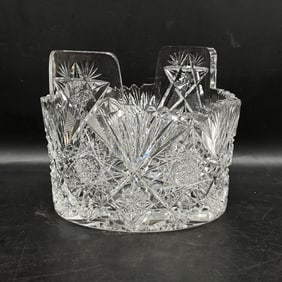 Antique Palermo American Brilliant Cut Glass Handled Ice Bucket Hobstars & Fans