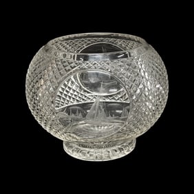 Antique Cut Glass Rose Bowl w/Etched Clipper Ship Panels