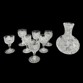 Antique American Brilliant Cut Glass Carafe and Seven Wine Glasses