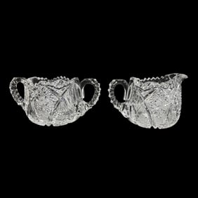 Antique American Brilliant Cut Glass Creamer and Sugar Bowl