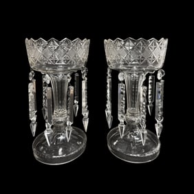 Pair Antique Cut Crystal Mantle Lusters w/Prisms Glass Candlesticks