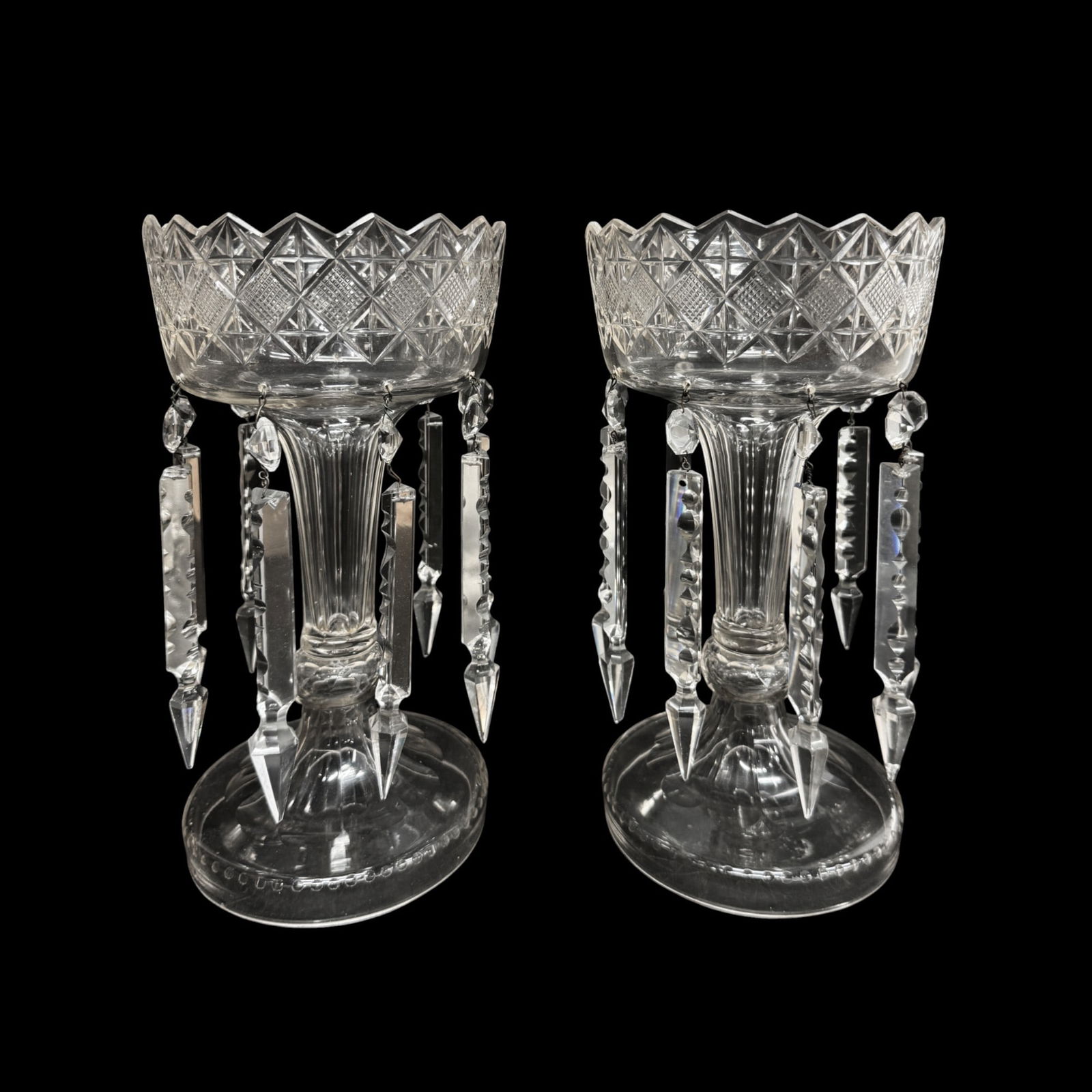 Pair Antique Cut Crystal Mantle Lusters w/Prisms Glass Candlesticks: Ca. 19th/20thC. Possible chip(s), however, overall very good condition with no major chips, no cracks. IMPORTANT: Pickups and shipping for this auction will not begin until after Labor Day. Pickup app