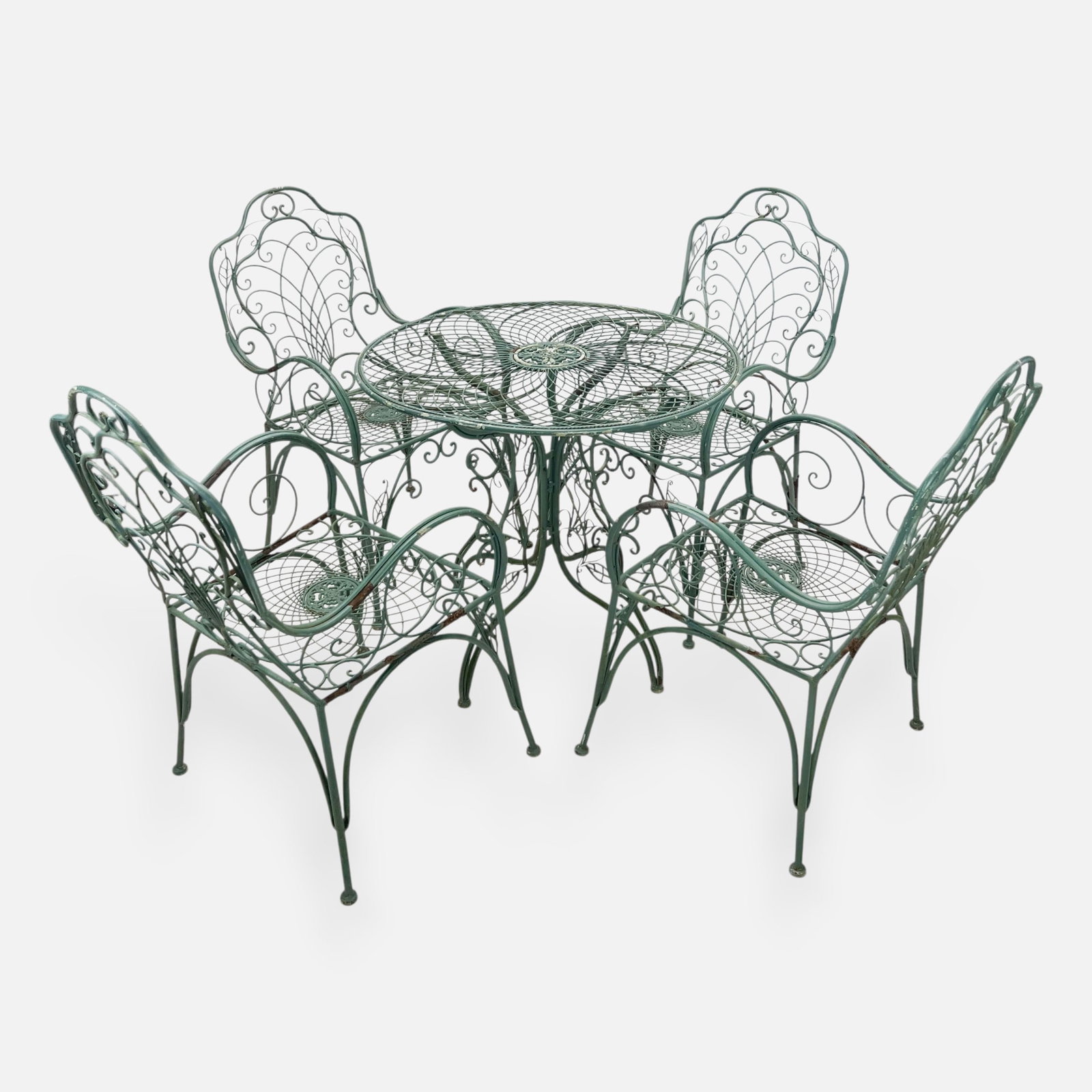 Outdoor Light-Gauge Wrought-Iron Patio Outdoor Chairs & Table: Ca. last half 20thC. Paint losses and minor solder breaks. Chairs measure approx. 38 1/4" x 21 1/2" x 22". Table measurements included in listing. IMPORTANT: Pickups and shipping for this auction will