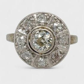Fine Art Deco 18K White Gold & Diamond Round Halo Engagement Ring Size 5.5