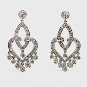 Pair Fine Art Deco 18K White Gold & Diamond Chandelier Drop Pierced Earrings