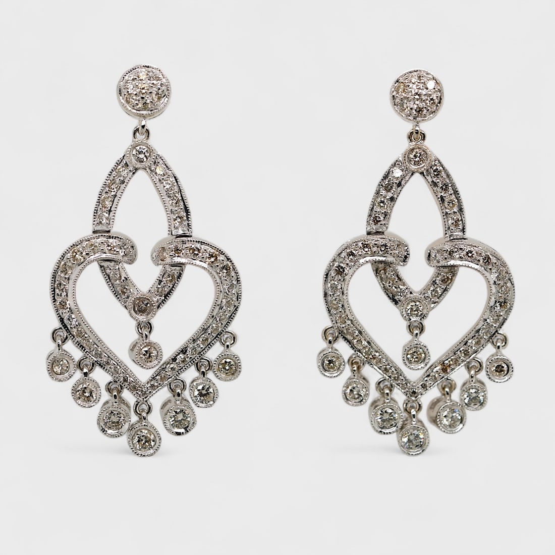 Pair Fine Art Deco 18K White Gold & Diamond Chandelier Drop Pierced Earrings (1 of 3)