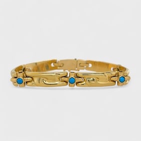 Fine 14K Yellow Gold and Turquoise Hinge Link Modernist Ladies Bracelet