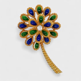 14K Yellow Gold & Diamond Figural Palm Tree Brooch w/Green & Blue Enamel Fronds