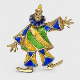 Fine 14K Yellow Gold Figural Clown Multi-Color Enamel Brooch Pin
