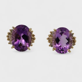 Fine 14K Yellow Gold Amethyst &Diamond Gemstone Earrings w/ Omega Backs
