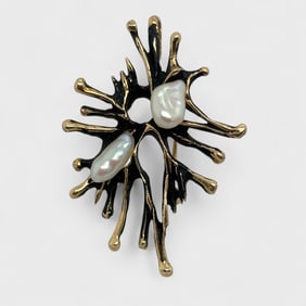 Fine 14K Yellow Gold & Baroque Pearl Brutalist MCM Biomorphic Brooch