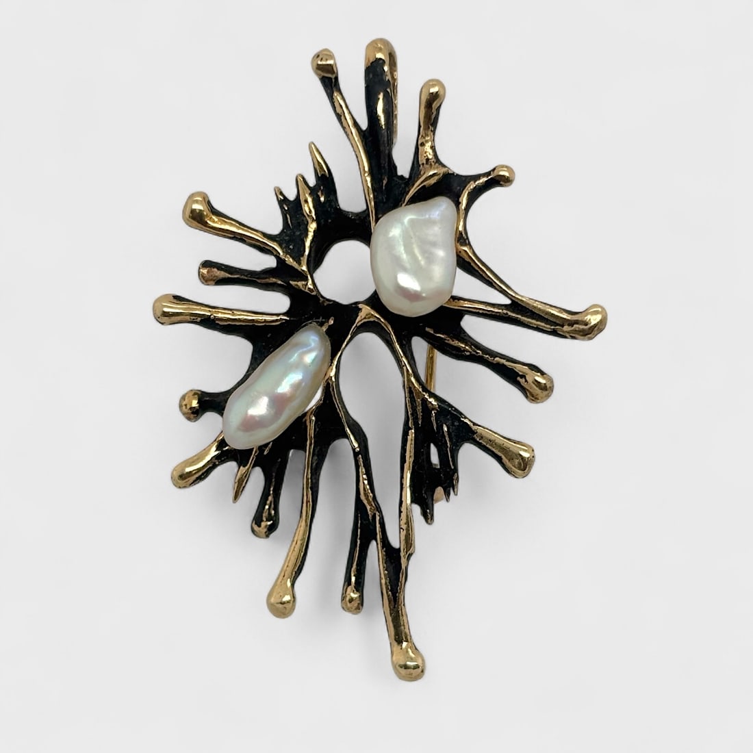 Fine 14K Yellow Gold & Baroque Pearl Brutalist MCM Biomorphic Brooch (1 of 4)