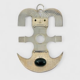 Oswaldo Guayasamin Silver and Green Glass Cabochon Papayan Bird Man Knife Pendant
