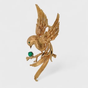 Fine Large 14K Yellow Gold and Green Gemstone Figural Bird Brooch