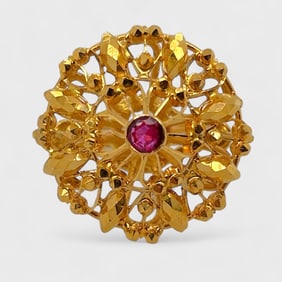 Fine 21K Yellow Gold & Ruby Round Bright Cut Statement Ring Size 6.5